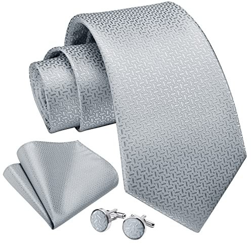 Enlision Herren Grau Krawatte Taschentuch Hochzeit Formell Business Gestreifte Krawatten und Einstecktuch Manschettenknöpfe Set