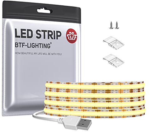 BTF-LIGHTING FCOB COB USB LED Streifen 1m 320LEDs/m Warmweiß LED Strip DC5V RA>90 ohne Dimmer Flexibel hohe Dichte für TV PC Hintergrundbeleuchtung Schlafzimmer DIY Dekoration Inneneinrichtung