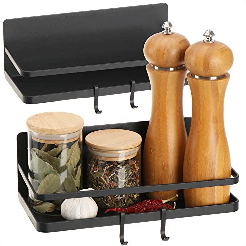Robin Goods® 2X Kühlschrank Magnet-Regal - Hängeregal mit 2 Haken - Küchen-Ablage magnetisch für Gewürze aus Metall - Magnetregal, Organizer bis max. 6kg belastbar (2 Stück - schwarz)