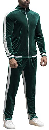 RPOVIG Velours-Trainingsanzug Sweatsuit Samt: Herren-Jogging-Trainingsanzug, 2-teiliges Set, Reißverschluss, Sweatshirts, Jacke, Hose mit Taschen, Grün , Large