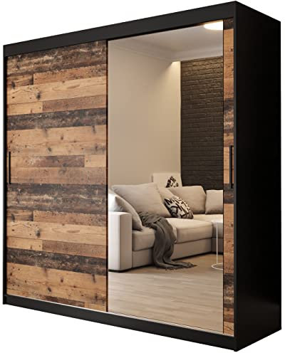 KRYSPOL Schiebetürenschrank Old Style T2 200 cm Kleiderschrank mit Spiegel Einlegeboden Schlafzimmer- Wohnzimmerschrank Schiebetüren Modern Design (Schubladen: 2)