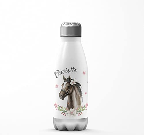 Mikalino Kinder Edelstahl Trinkflasche Schwarzes Pferd mit Blumenranke und Wunschname Einschulung für Thermosflasche Mädchen Junge, Farbe:weisssilber, Grösse:350ml