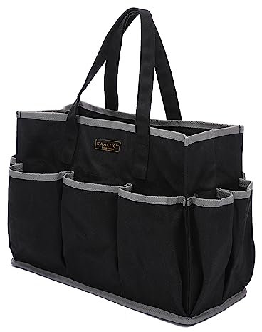 Canvas Tool Tote Bag, 16OZ Waxed Canvas Tool Bag, Tool Tote with 1 Large Capacity & 10 Small Slots - Multifunctional Tool Storage Bag for Horticulturist Mechanic Craftsman | Black