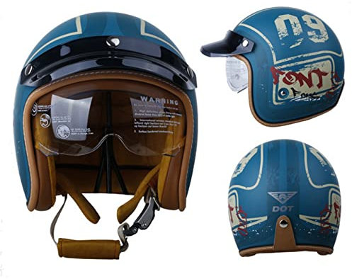 Motorrad 3/4 Open Face Helme Vintage Retro Moped Vespa Helm Mit Visier Für Scooter Cruiser Cafe Racer DOT/ECE Sicherheit Street Bike Motorradhelm Für Erwachsene Männer Frauen,Blau,M