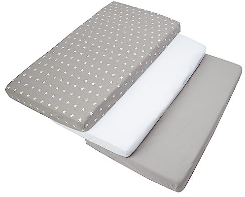 Medi Partners Spannbettlaken 60x120 3-Pack Baby Bettlaken Kinderbett Spannbetttuch 100% Baumwolle - Fitted Kinder Sheet Bettwäsche Babymatratze Schlafsack Babybett (Weiße Sterne-Weiß-Graue)