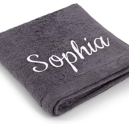 Cawö Premium Handtuch mit Namen oder Wunschtext Bestickt, personalisiertes Badetuch, individuelles Badetuch, 100% Baumwolle, 100 x 160 cm Anthrazit