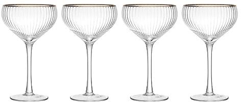 MIKASA Sorrento Ridged Crystal Coupe Glasses with Gold Rim and Wide Shape, 380ml, Set of 4 Lead-Free, Clear Fine Glasses, Sleek Design for Celebrations