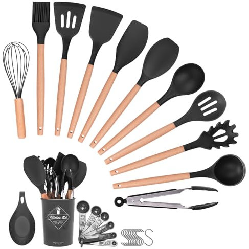 Helterfolg 29 Pièces Kit Ustensiles de Cuisine, Set de Couverts de Cuisine, Poignée en Bois, Résistant à la Chaleur, Sains et Antiadhésifs, Passent au Lave-Vaisselle, Sans BPA (Noir)