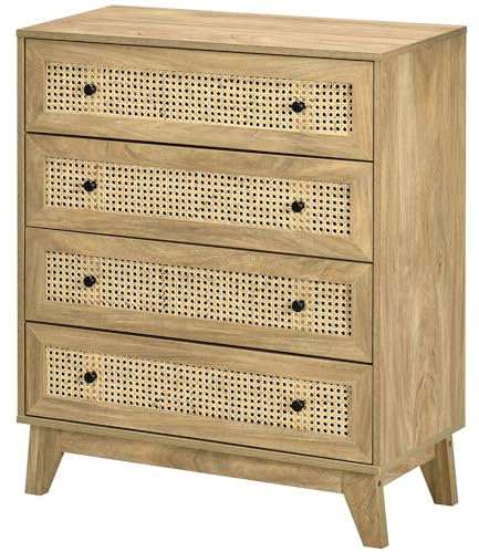 HOMCOM Chest of Drawers, 4-Drawer Storage Organiser Unit with Rattan Element for Bedroom, Living Room, Natural