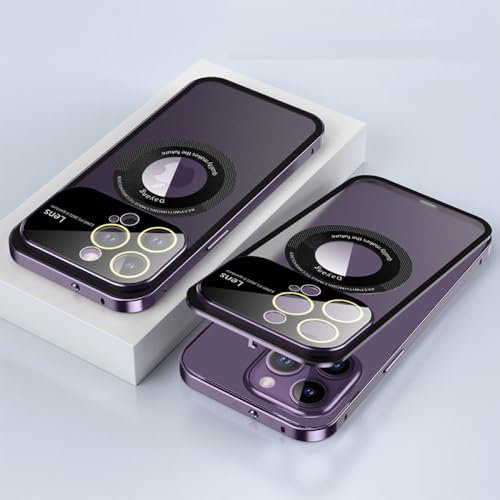 SRGDRR Étui de téléphone magnétique en métal à Grande fenêtre pour iPhone 12 13 14 15 Pro Max étui de Protection de lentille en Verre de Charge sans Fil, Violet, pour iPhone 12 Pro