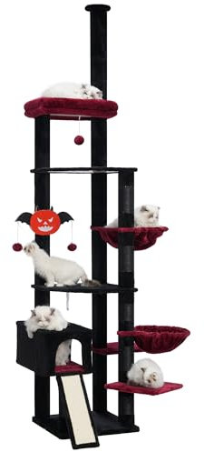 Heybly Cat Tree 92.5-104.3 Inches with Hammock, Floor to Ceiling Gothic Cat Condo, Tall Cat Climbing Tower Adjustable with Scratching Posts for Indoor Cats, Black and Red HCT091BR