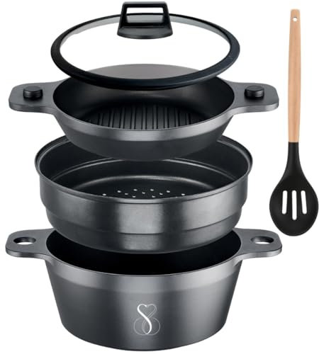Stone&Stone Juego de cacerolas de inducción de 5 piezas, olla de 24 cm a vapor + parrilla + vaporizador para alimentos de 3 niveles apilados + tapa de cristal templado + cuchara
