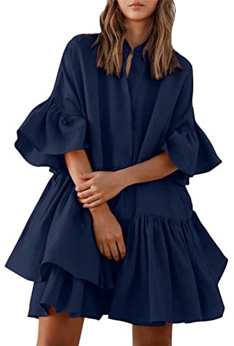 Ballon-Ärmel, mehrlagig, gestuft, Strandkleider für kurvige Frauen, 2024, einfarbig, locker sitzend, Mini-Kleider für Damen, Abschlussball, elegante Freizeitkleider für Damen, Damenkleider, navy, L