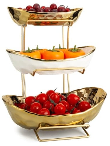 XUDREZ White Gold Fruit Bowl for Kitchen, 3 Tier Ceramic Bowl with Metal Stand Tiered Fruit Basket Stand for Salad Snacks Bread Candy Vegetable Storage (Gold)