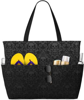 HGFVY Strandtasche mit Gothic-Tapete, Totenkopf-Design, extra große Strandtasche mit Taschen, Tragetasche für Damen, übergroße Reiseutensilien, Schwarz, Einheitsgröße