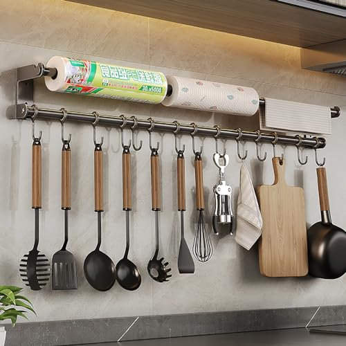 LNGFSH Barre de Cuisine Porte-Casseroles Mural de Suspension Porte Ustensiles Cuisine Mural pour Ustensiles Support de Pot en Acier Inoxydable (avec 14 Crochets 80cm)