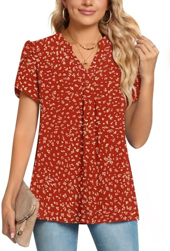 POPYOUNG Womens Summer Casual Chiffon Petal Sleeves Office Blouses V Neck Business Tops Work Shirts XL,Orange red dot