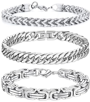 JENCVNL Armband Herren, 3 Stück Edelstahl Silber Panzerkette Armband Königskette Armband Gliederarmband Kubanische Herrenarmbänder für Männer Jungs, Länge 19/21/23cm (Silber-4/6mm, 19)