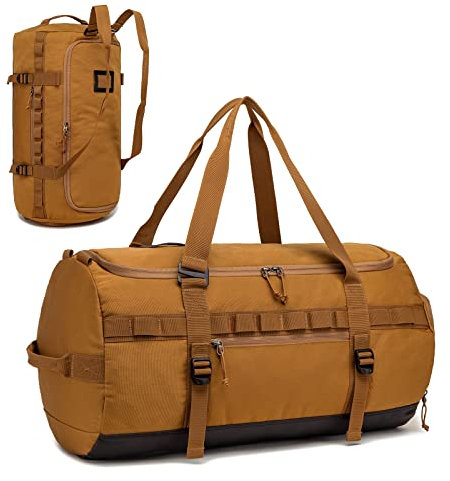 TAIHOYIN 60L Reisetasche Groß Sporttasche Herren und Damen mit Schuhfach & Rucksackfunktion Wasserdicht Trainingstasche Taktisch Fitness Gym Tasche Handgepäck für Weekender Reisen Camping, Braun