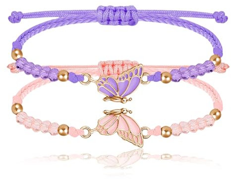 Nayyana 2 Stück BFF-Armbänder, passende Schmetterlingsarmbänder, handgefertigte Charm-Freundschaftsarmbänder, verstellbares Armband für Beste Freunde, Schmuckgeschenke, Lila+Rosa