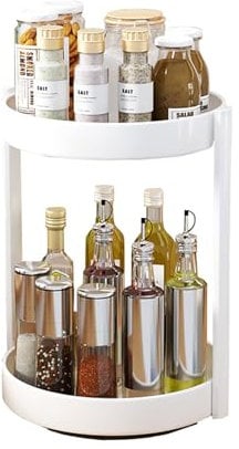 JOUING Porta Spezie per Cucina Organizer Girevole in Metallo Piatto Girevole Portaspezie 2 Livelli Organizer Sottolavello Deposito per il Bagno (Bianco, 2Tiers)
