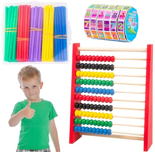 DEAMOX NatureichRechenrahmen aus Holz Buche für Grundschüler / 100 Holzrechenbrett/Bunte Kugeln mit Aufgaben/Spiel und Spaß für Rechenprofis