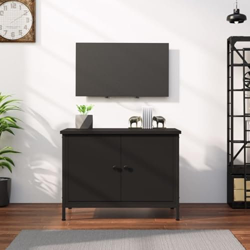 Iiaky Mobile Porta TV con Ante Nero 60x35x45 cm in Legno Multistrato-Mobile TV Mobile Porta Televisore,Mobiletto Industriale Tavolino Basso Vintage Console per Salotto