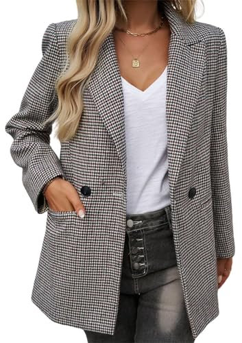 Blazer décontracté à carreaux pour femme Motif pied-de-poule Veste de travail d'affaires à revers avec poche boutonnée, Vert, M