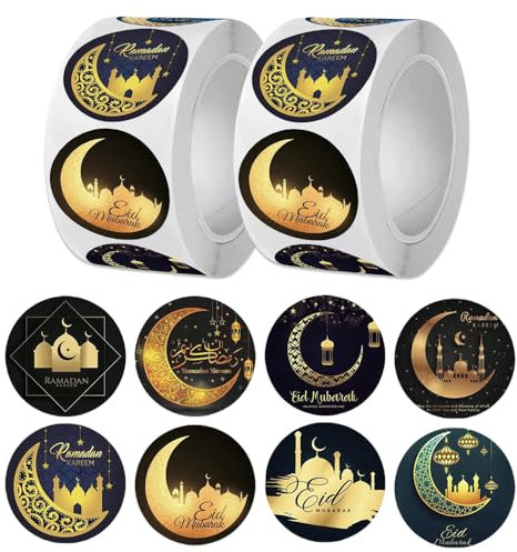 1000 Stück Eid Mubarak Aufkleber, Ramadan Sticker Aufkleber, Ramadan Deko, Selbstklebend Ramadans Geschenkaufkleber für Ramadans Geschenkboxen (2 Rolle)