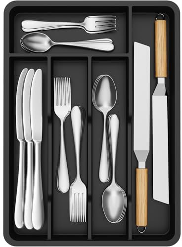 Lifewit Pequeño Bandeja para Cubiertos, Porta Cubiertos con 5 Compartimentos, Cajon Organizador Cubiertos de 24 x 34 cm, Separador Cubiertos Cocina Plástico con Cuchara/Tenedor/Cuchillo, Negro