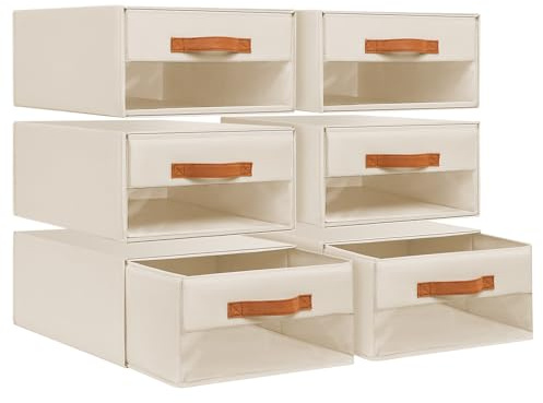 DIMJ Wardrobe Storage Drawers with Window - 6 Pack Foldable Pull-Out Boxes | Stackable Closet Organiser Baskets for Clothes, Bedroom, Living Room,Airing Cupboard Shelves, Beige