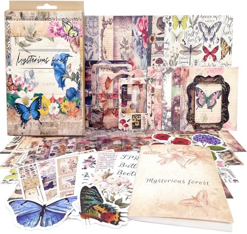 Vintage Scrapbooking Sticker Set, 363Pcs Schmetterling Blumen Ästhetische Bullet Journal Zubehör Deko mit Scrapbook Papier Washi Aufkleber A6 Notizbuch Retro Scrapbook für Fotoalbum Teenager Mädchen
