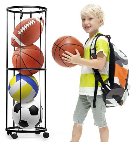 Support de Balle avec 4 Roulettes, Support Ballon Basket, Porte Ballon Foot, Rangement pour Balles, Support Amovible d'affichage pour Ballon de Basket-ball, Support de Rangement pour Volleyball