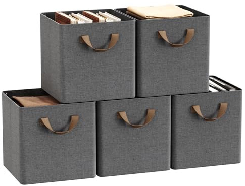 WOLTU Storage Boxes Set of 5, Storage Baskets, Folding Wardrobe Cube Boxes, with Handle and Metal Frame, for Living Room/Bedroom/Study, Linen, 26x26x26.5cm, Grey