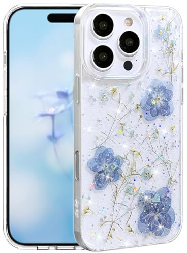 Efitoo for iPhone 16 Pro Case Clear Glitter with Flowers Design Real Dried Pressed Flower/Floral Sparkle Cute Soft Slim Aesthetic Shockproof Protective Girly Women Girls Phone Cover (Blue)