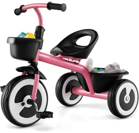 RELAX4LIFE Triciclo per Bambini con Sedile Regolabile, Ruote in EVA Silenziose e Resistenti, Cestino Portaoggetti, per Interno ed Esterno, Ideale per Bambini 18Mesi - 5Anni (ROSA)