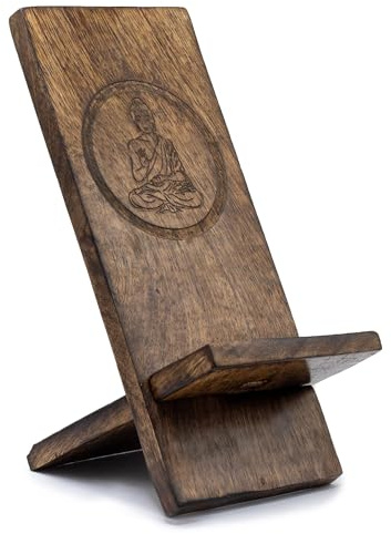 Ancient Wisdom Wooden Phone Stand with Buddha Design, Mango Wood, 20 x 9.5 cm, Set of 3