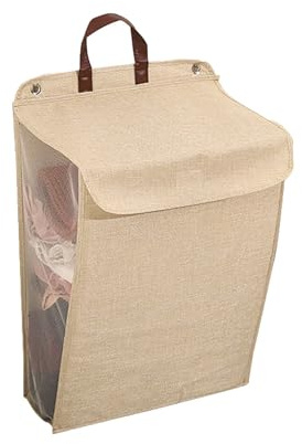 RETSAMV Wäschekorb Wandmontage, Selbstkomprimierender Organizer, Faltbarer Schmutzwäschekorb mit Deckel, Atmungsaktive und Schlagfreie Aufbewahrungsbox für Kleidung, Wäschesammler Schmal (Beige-M)