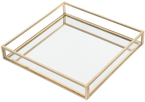 EPIGEIST Elegantes Goldenes Messing Tablett mit Glasboden Schminktisch Organizer für Make Up und Schmuck Einfache Ablage für Badezimmer und Schreibtischdekoration