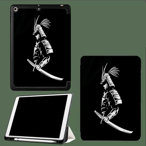 Hülle für iPad 10,2 Zoll 2021/2020/2019 (9./8./7. Generation) mit Stifthalter,Tablet Schutzhülle mit Weicher TPU Rückseite,Auto Wachen/Schlafen Antike Japan Samurai Abstrakt Figur Silhouette-Schwarz