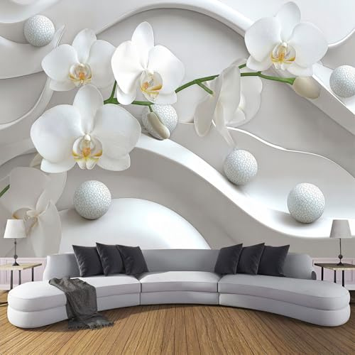 Vlies Fototapete 3D Relief Orchidee 3D Effekt 300×210cm(W×H) Foto Tapete Schlafzimmer Wohnzimmer Moderne Vliestapete XXL Wandtapete Motivtapeten 3d Europäischer Streifen Bälle Dekoration Weiß