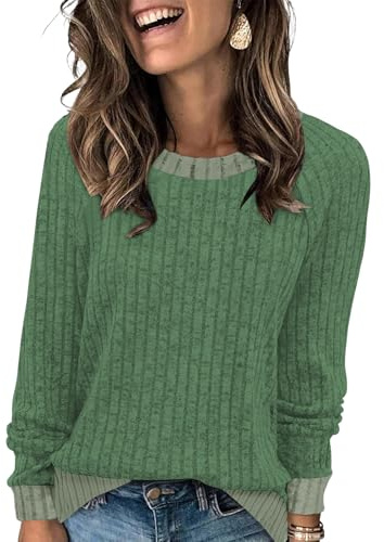 Cuptacc Jersey Mujer Moda Bloques De Color Manga Larga Suéter Mujer Holgada Acanalado Cuello Redondo Sudaderas