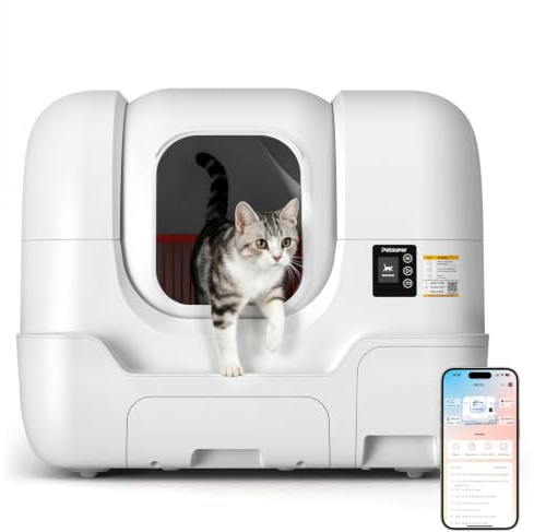 Selbstreinigendes Katzenklo, 68L automatische Katzentoilette mit App, EIN-klick-Reinigen, Geruchsstop, Sandauffüllung, Beutelwechsel, Radar-TOF-Gewichts-Sicherheitssensoren