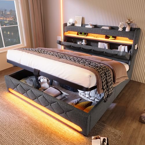 SURUEO 4ft6 Double Upholstered Bed with Hydraulic Storage & LED Lighting, Storage Bed with USB Type-C Charging & Storage Headboard, Metal Slatted Frame, Linen, 135 x 190 cm, No Mattress, Gray