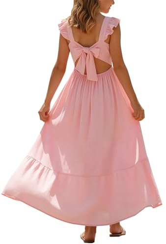 Happy Cherry - Robe Longue d'Été Fille Col Carré Manches Volantes pour Plage Vacances École Enfants Filles Robes Décontractée Trapèze pour Mariage Fête Baptême Anniversaire - 5-14 Ans