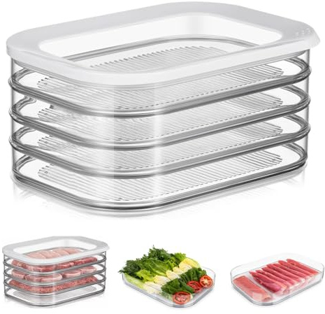OuryTech Organizador de Refrigerador, Organizador de Alimentos de 4 Niveles con Tapa de Silicona, Caja de Almacenamiento de Cocina para Organización de Cocina y Armario
