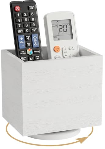 VACONICO 360° Rotating Remote Control Holder, Wooden TV Remote Holder for Table, White Desk Organizer Caddy Media Storage Box for Living Room, Nightstand, Couch
