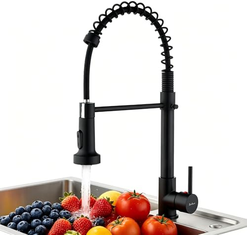 Wasserhahn küche Schwarz hochdruck armatur, kitchen faucet edelstahl mit hohen bogen und herunterziehbare mischbatterie küche, Küchenarmaturen 360°-schwenkfunktion,zusätzliche mischdürse(Black)