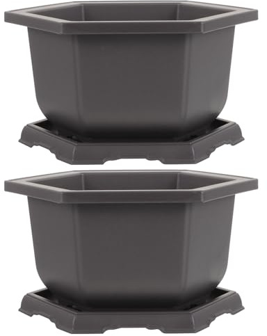 POPETPOP 2 Sets Plastic Succulent Pots with Saucers, Square and Rectangular Bonsai Planters for Windowsill Or Office, Sturdy Black Plant Containers for Indoor and Outdoor Use