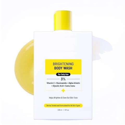 Brightening Body Wash | Glowing Skin Detan Bodywash | Reduces Dark Spots, Tan & Evens out Skin Tone | Glycolic Acid | Alpha Arbutin | 30X Vitamin C with Camu Camu | Women & Men | 236ml